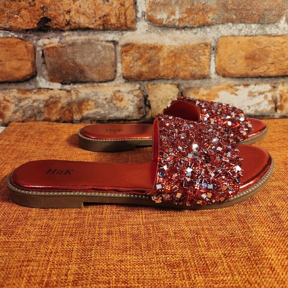 H2K Womens Glitter Bling Fancy Slide Flat Low Wedge Sparkle Sandals Shoes Red - Picture 3 of 8